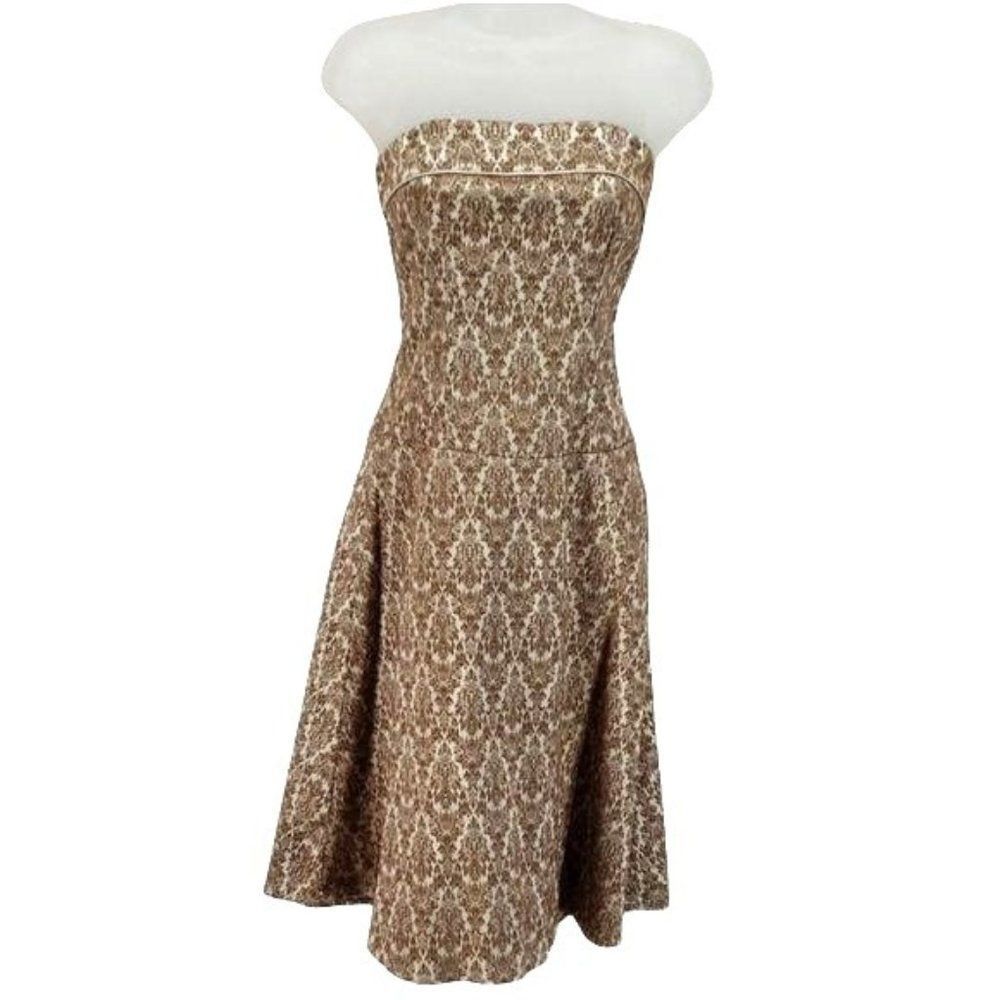 Teeze Me Strapless Jacquard Damask Cocktail Dress Gold Brown Size 3